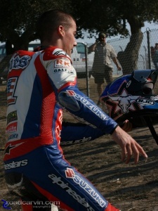 2008 AMA Finale - Ben Spies - Helmet: Ben Spies getting ready to throw his helmet to a lucky fan at the Corkscrew.